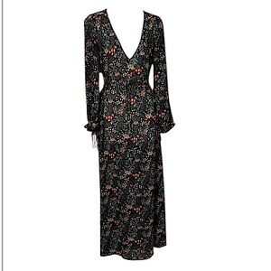 Sheer Maxi Long Sleeve Deep V Neck Floral Bohemian Boho Dress Sz S
